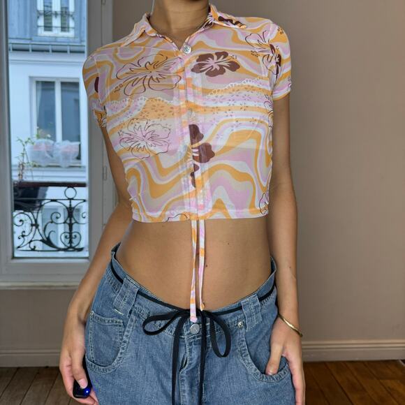 Vintage Italian Y2K Ruch Tropical Print Mesh Crop Top (S) - Picture 5 of 6